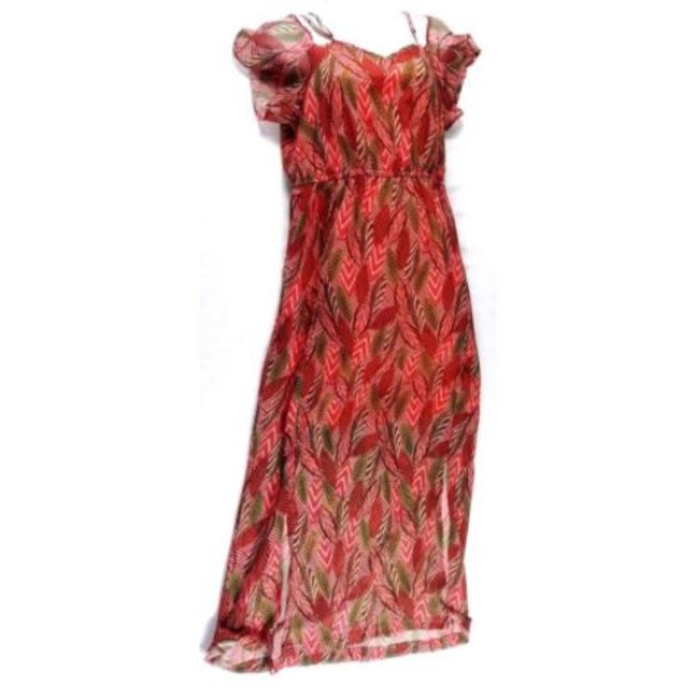 CC Maxi Dress Size Small Red Leaf Print Chiffon